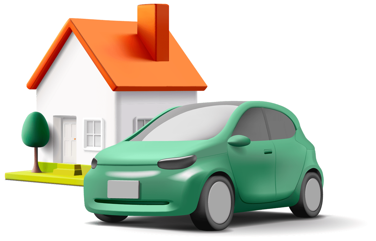 An illustration of a house and a green car in the foreground.