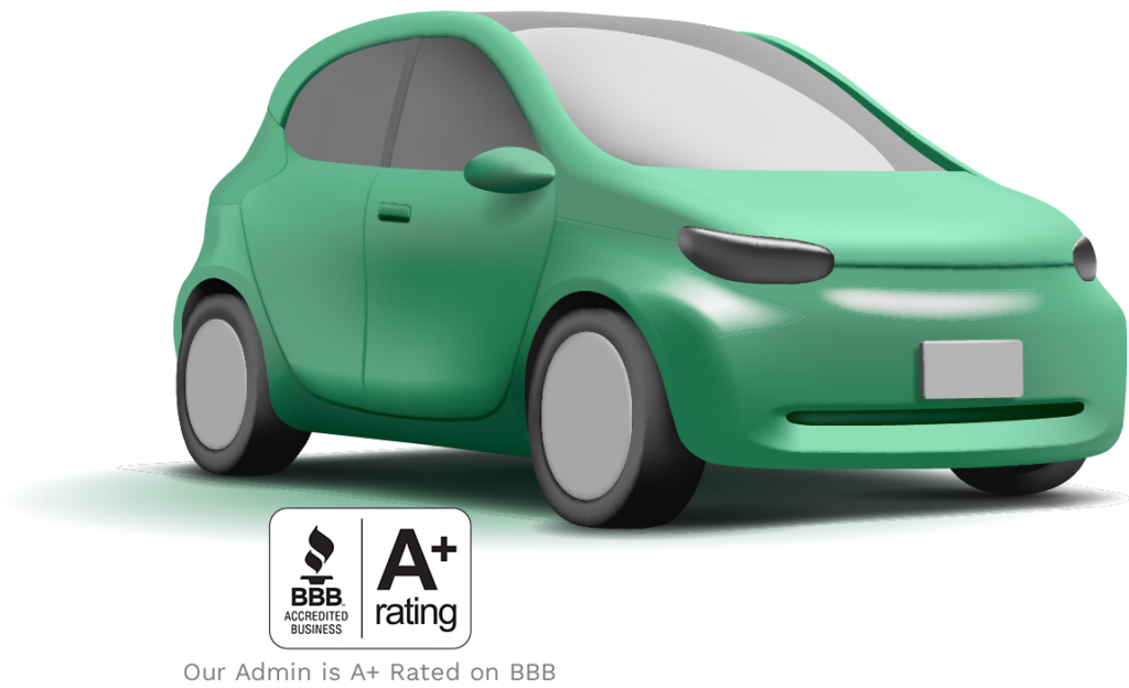 A green car illustration with a badge from the Better Business Bureau giving it an A plus rating. Our admin is A plus rated.