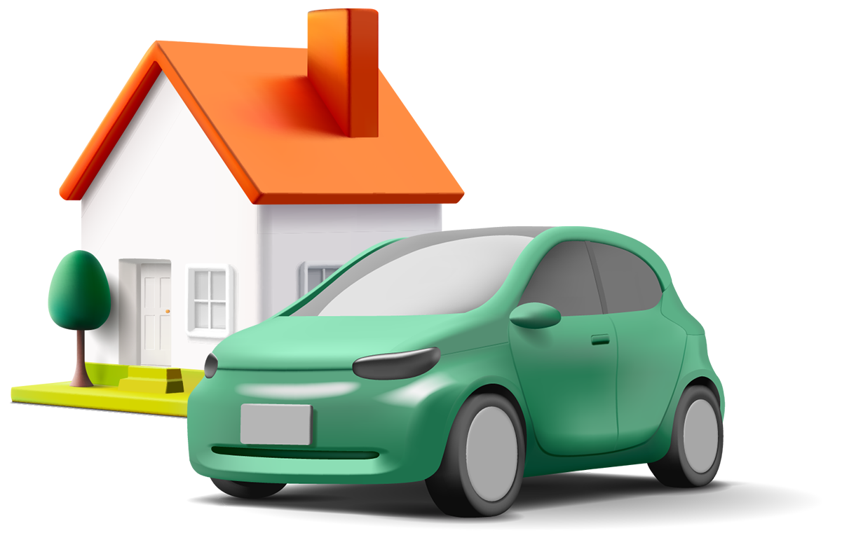 An illustration of a house and a green car in the foreground.